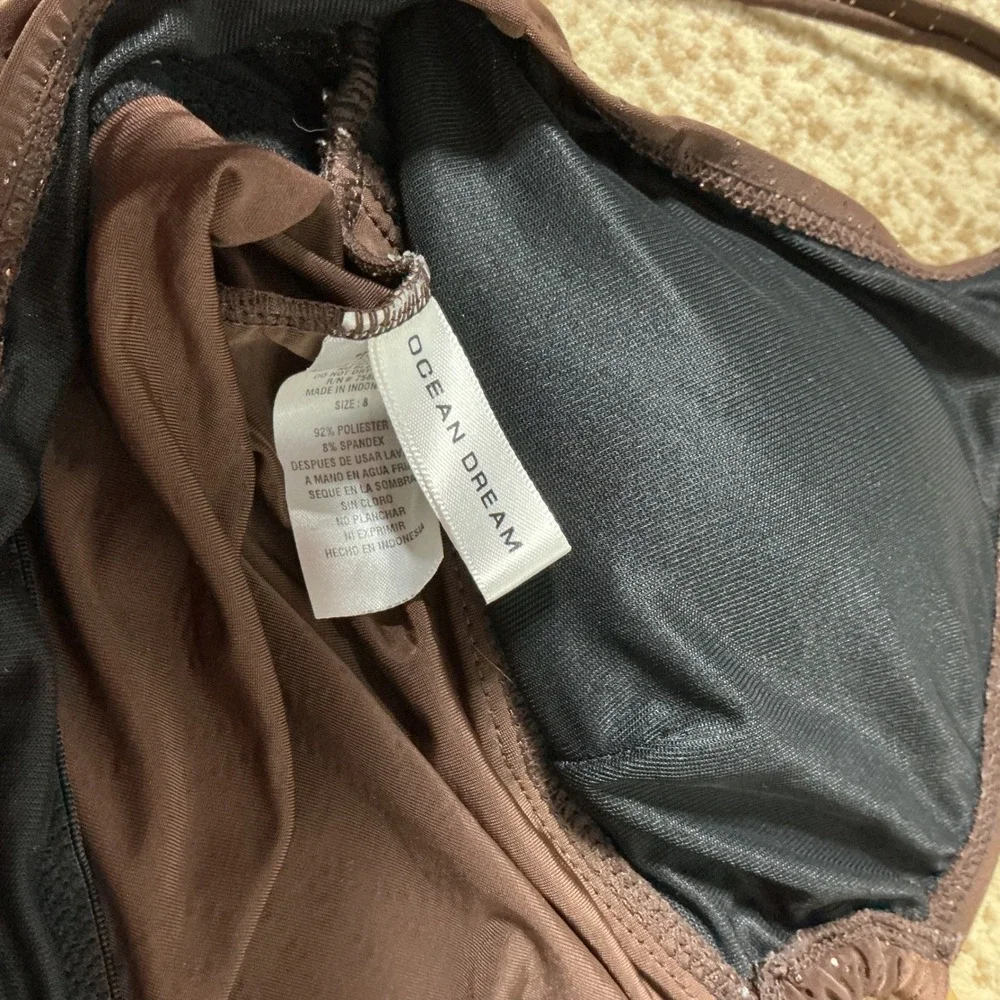 Ocean Dream Glitter Swirl Tankini Swim Top Womens 8 Brown Gold Ring Adjustable